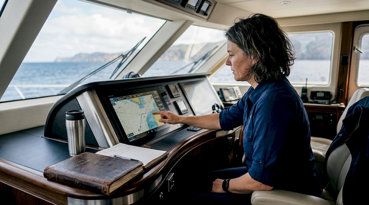 Yacht captain using touchscreen navigation controls