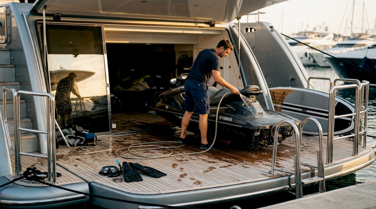Yacht crew with water sports equipment