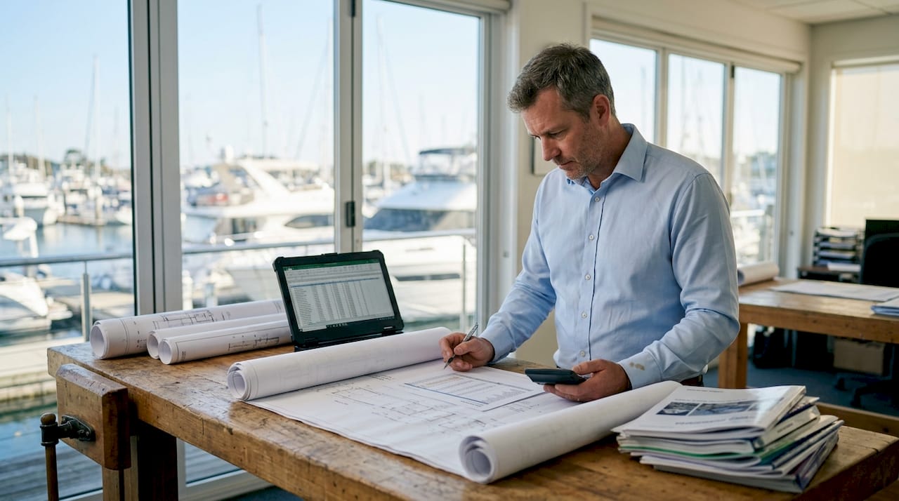 Manager reviewing yacht construction costs