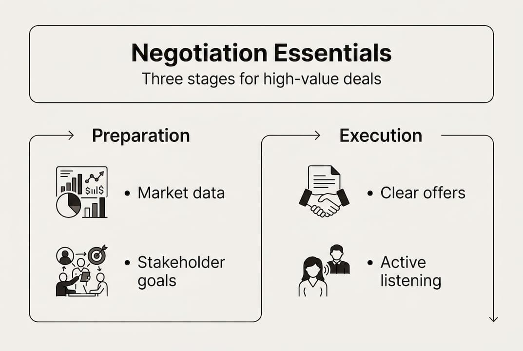 Negotiation essentials infographic with three stages