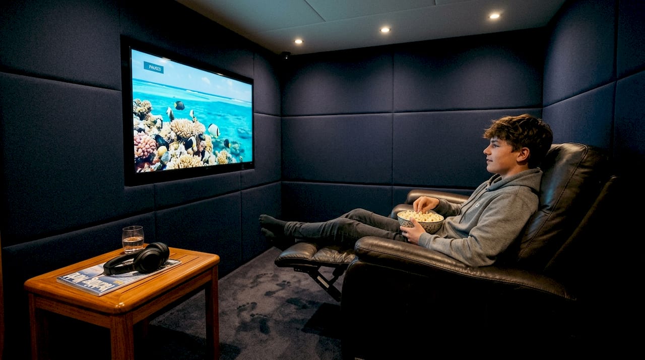 Teen enjoying yacht cinema entertainment lounge