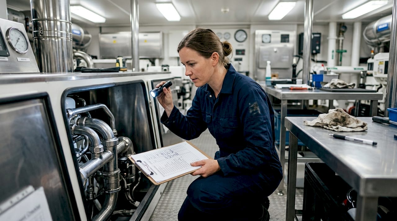 Marine engineer inspecting superyacht engine room