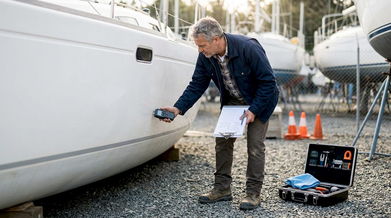 Surveyor checks yacht hull for damage