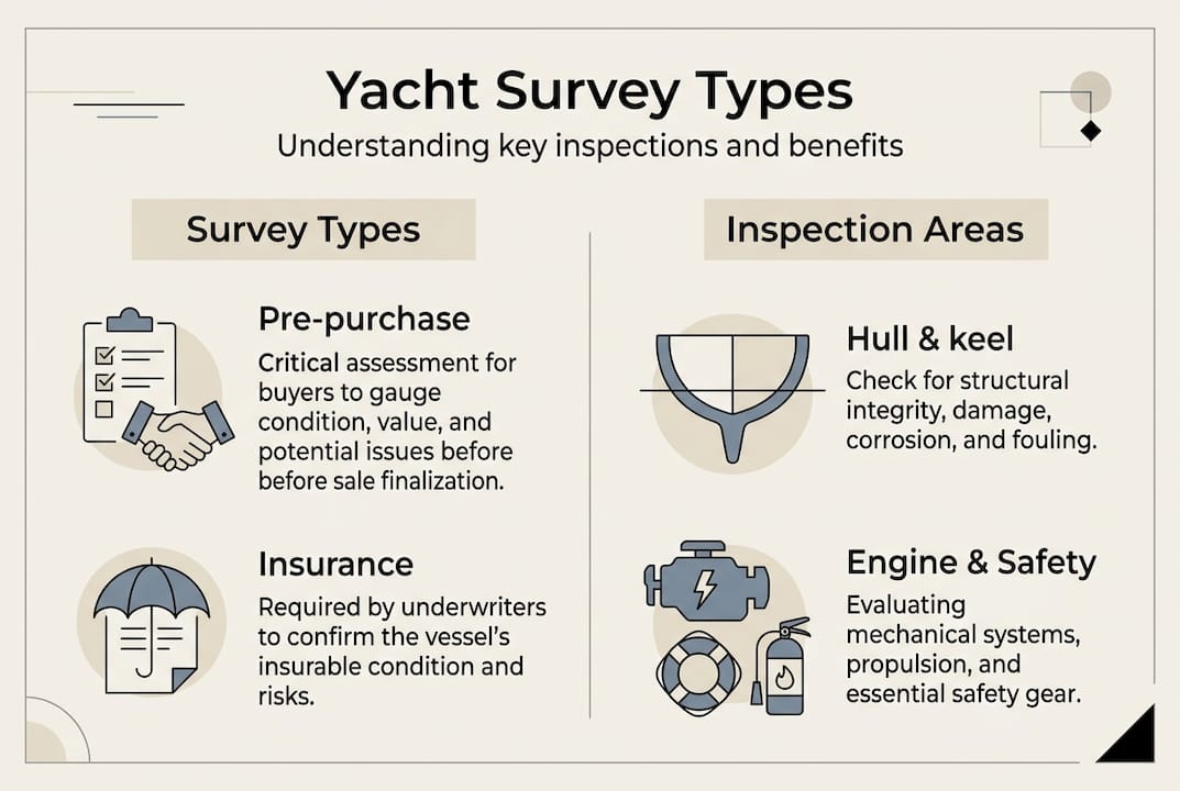 Infographic showing yacht survey types and inspection areas