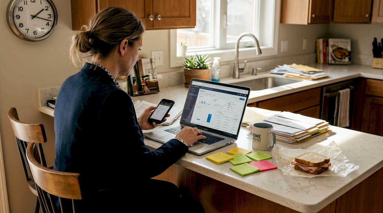 Agent uses CRM tools at kitchen counter