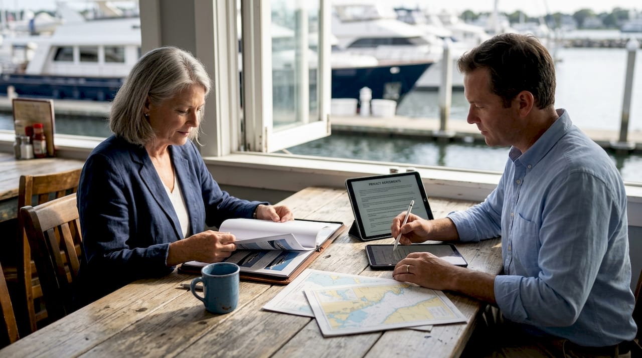 Broker and client discuss private yacht deals