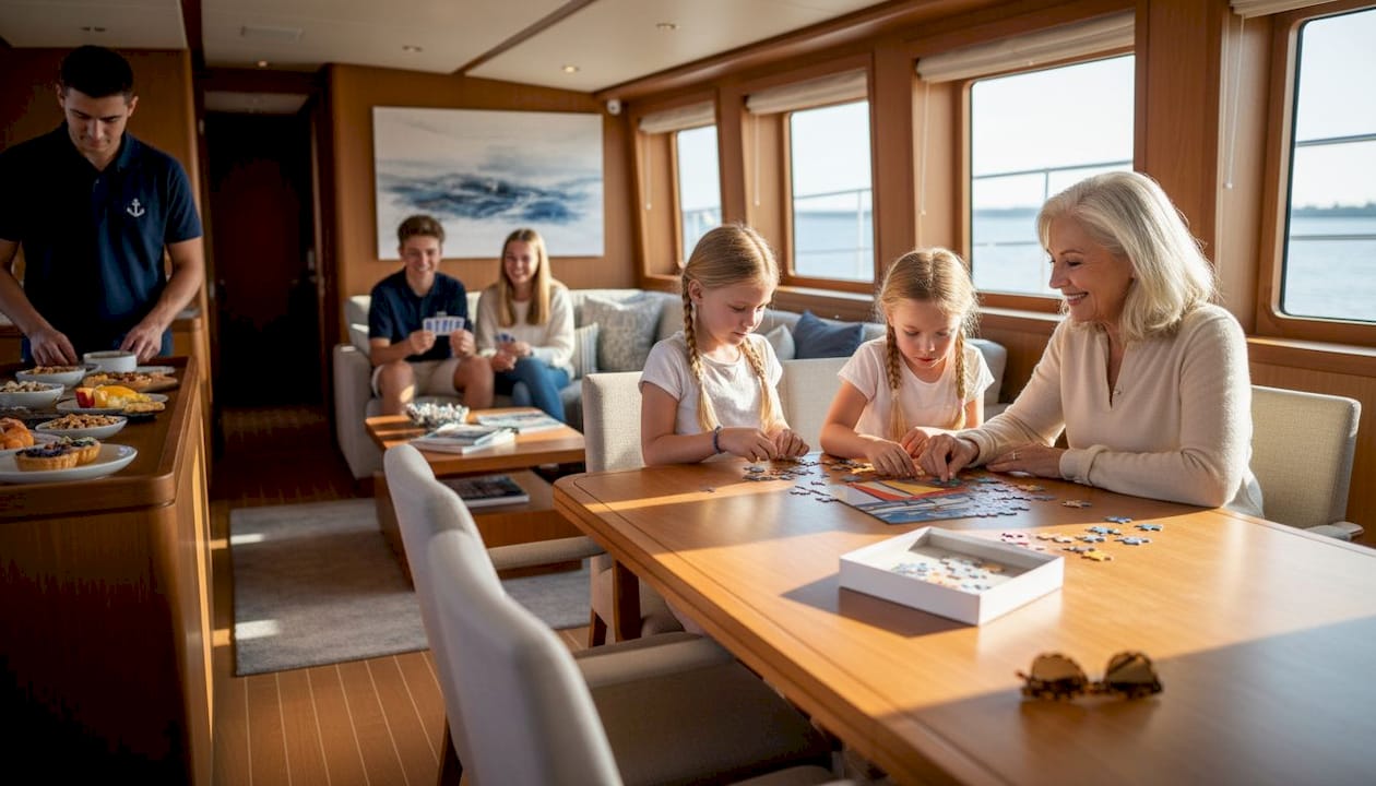Family enjoying activities in yacht saloon