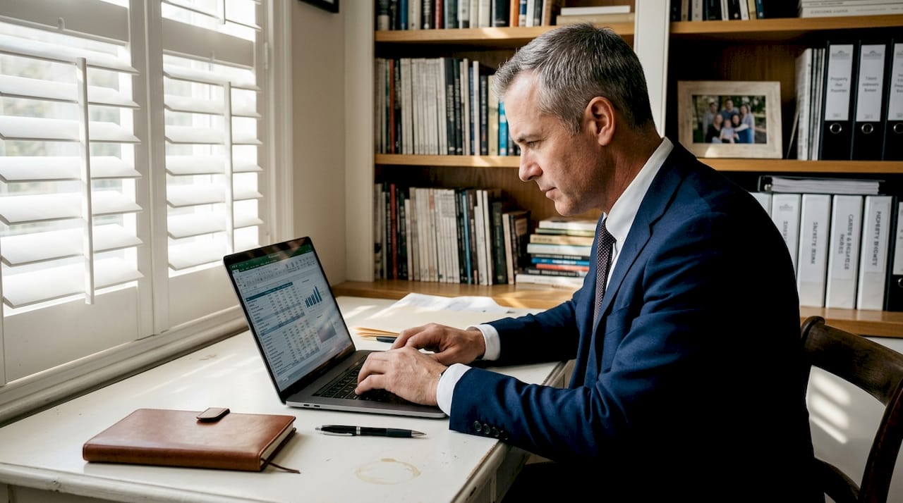 Broker reviewing financial documents at home office