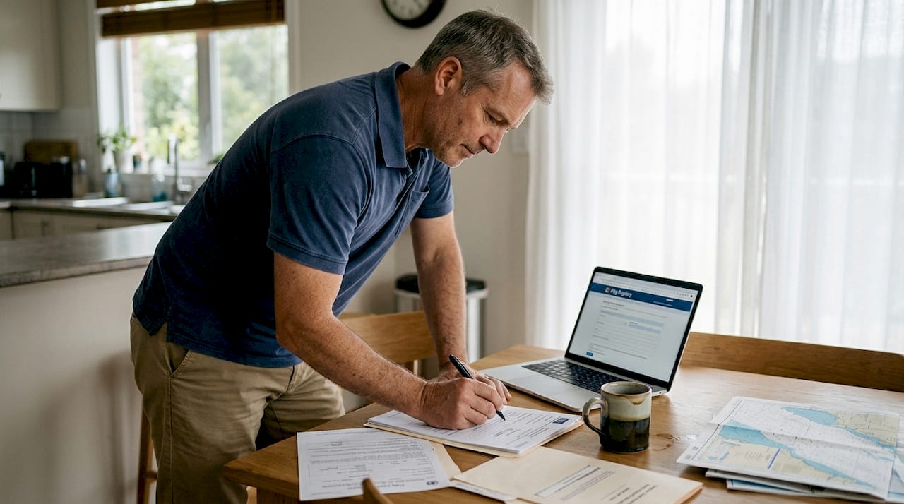 Yacht owner completing registration paperwork at home