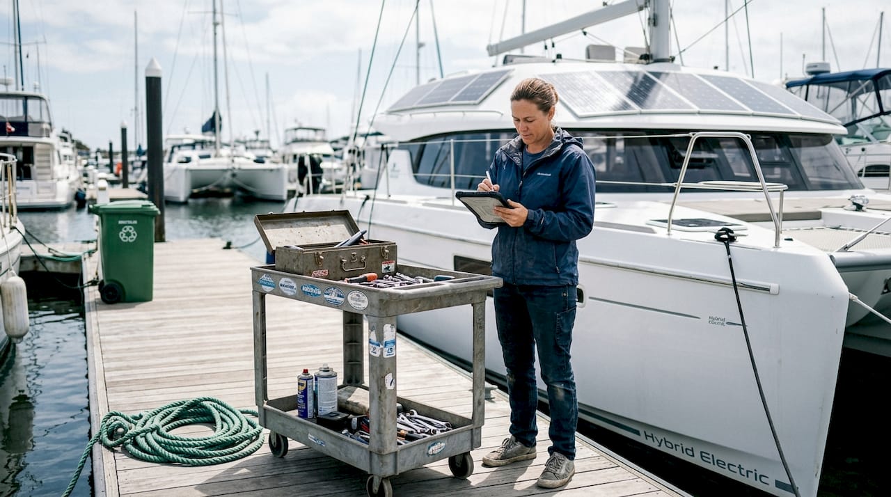 Technician inspecting eco-friendly yacht features
