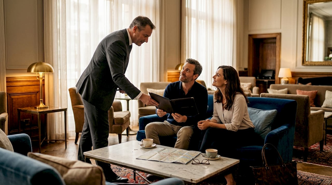 Concierge gives welcome folder to guests