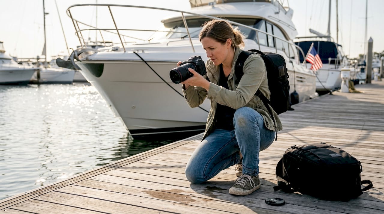 Photographer taking yacht listing photos at marina