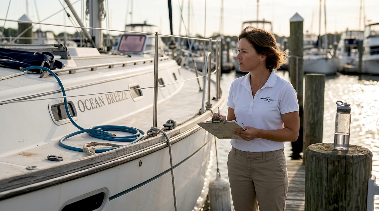 Marine surveyor checking yacht hull at marina