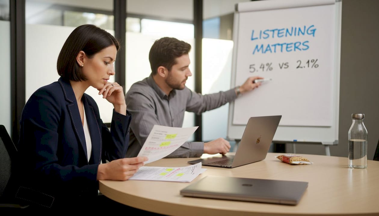 Agents discussing scripts in conference room