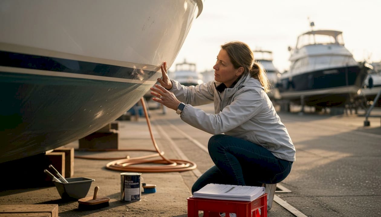 Yacht owner inspecting hull with cleaning supplies
