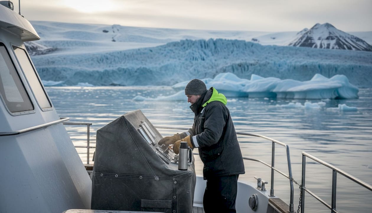 Yacht anchored by Arctic glacier, crew on deck