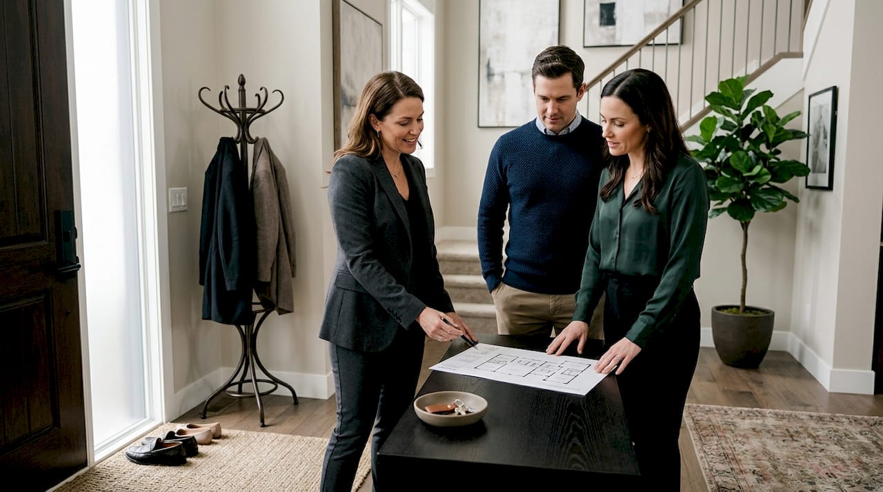 Agent with clients in luxury home foyer