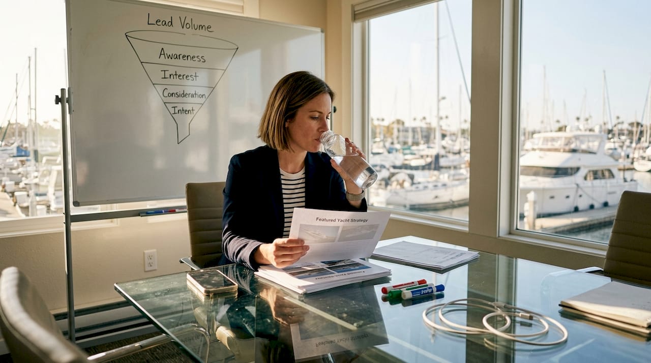 Marketing manager planning yacht listing strategy