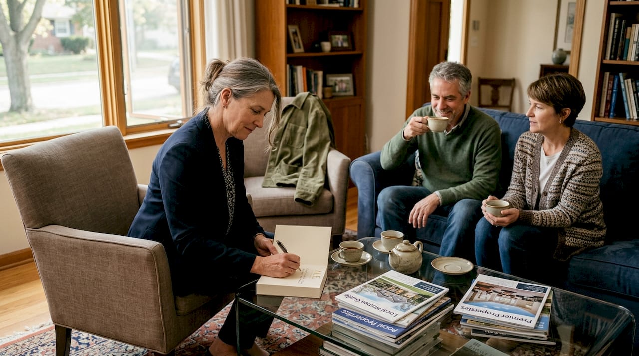 Agent handwrites note to luxury clients at home