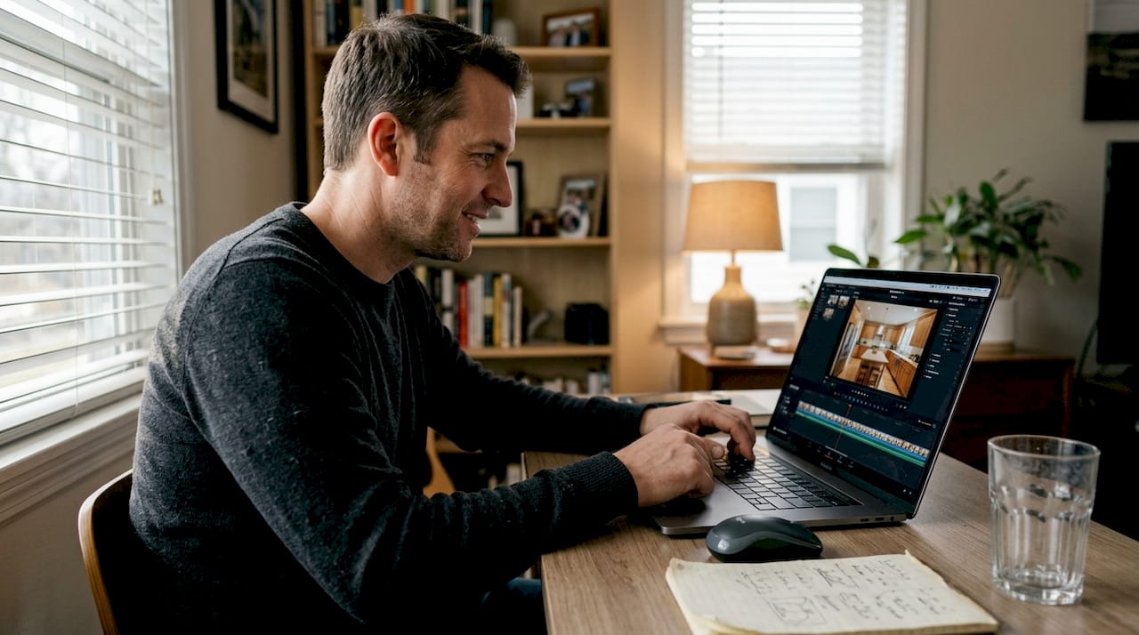 Editing real estate video in home office setup