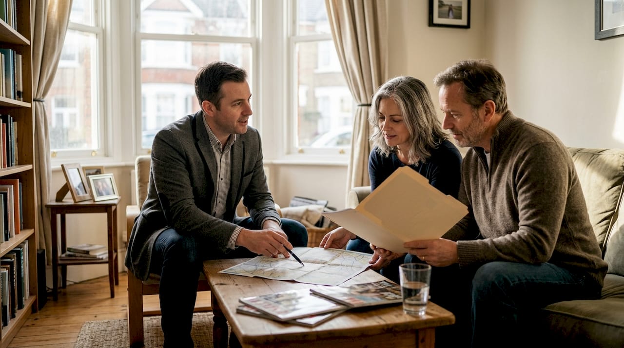 Agent discussing homes with clients in living room