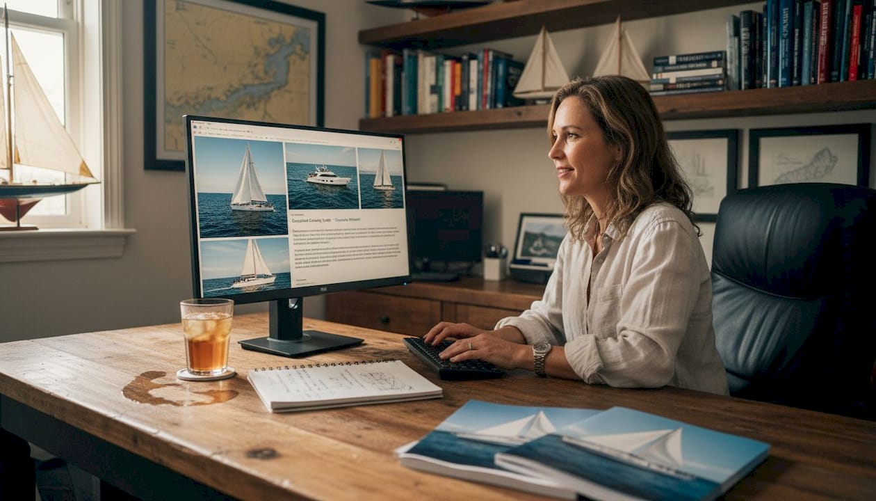 Broker typing luxury yacht listing draft