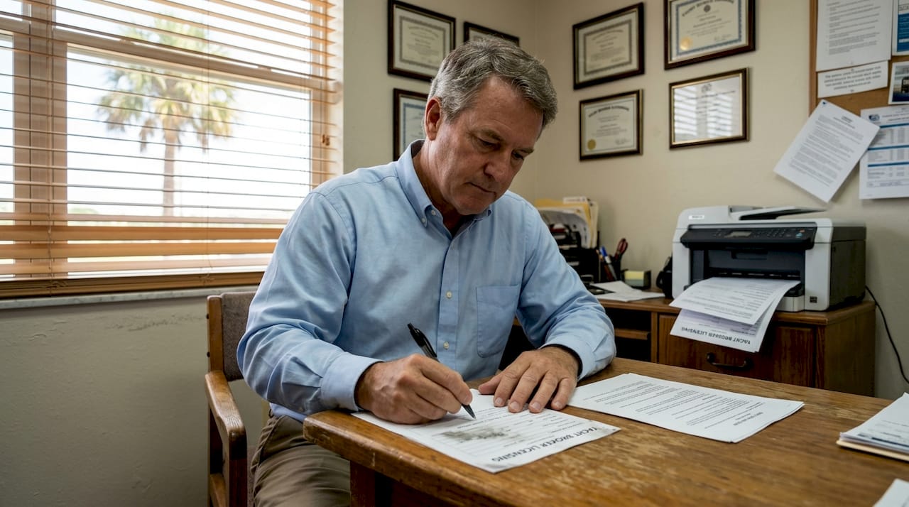 Man completes yacht broker licensing paperwork