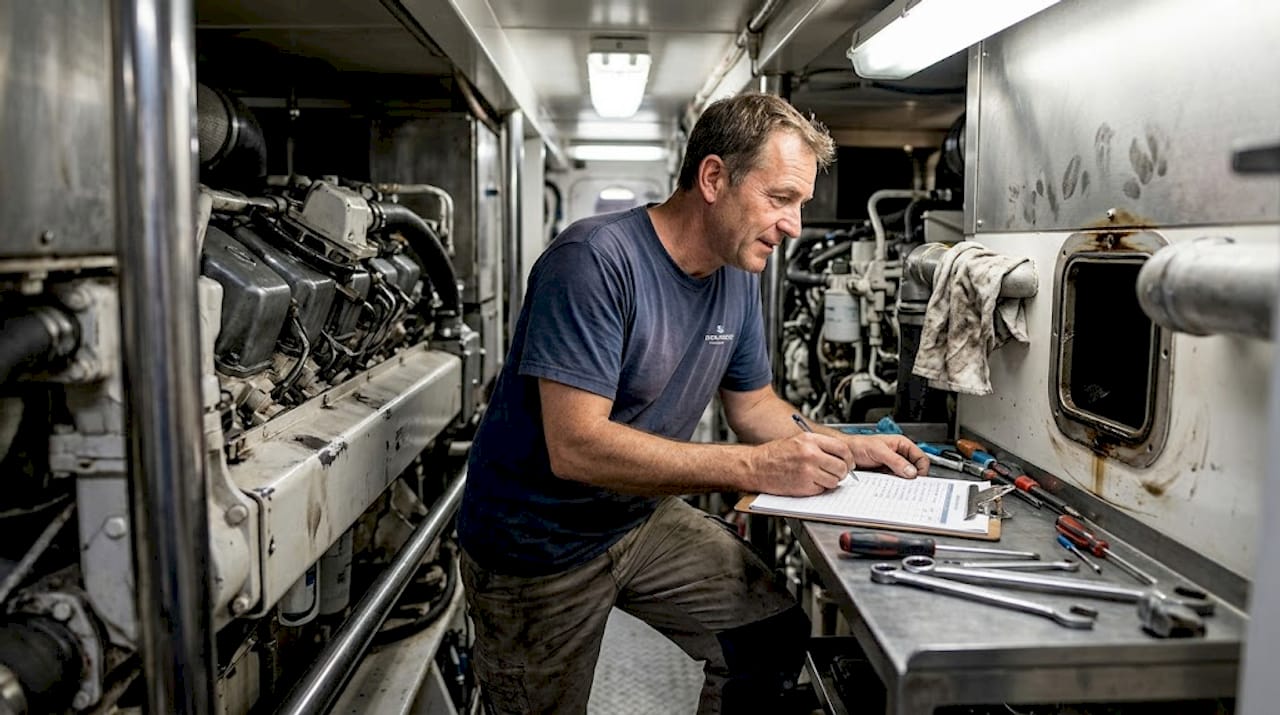 Engineer inspecting engine and reviewing maintenance log