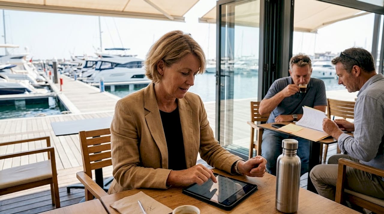 People managing fractional yacht calendar at marina