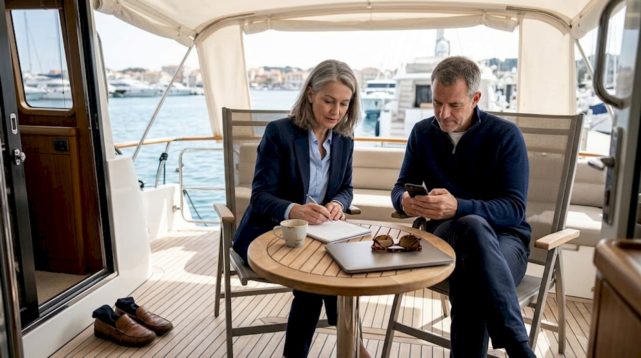 Guests noting business tasks on yacht deck
