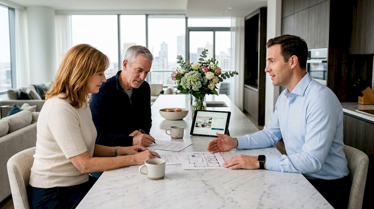 Couple and agent reviewing exclusive listing