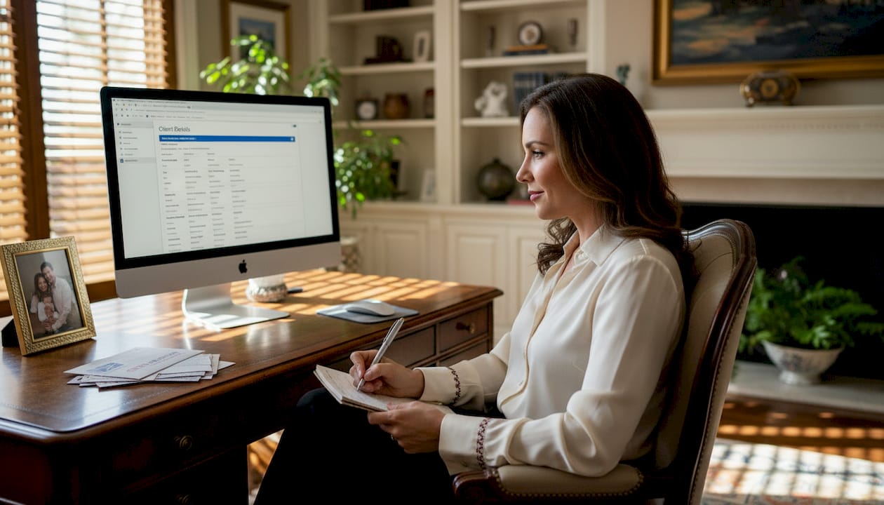Agent reviewing CRM system at home office