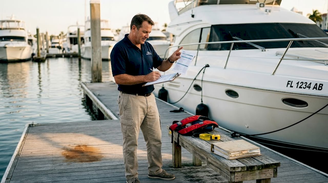 Marine surveyor inspects yacht with documents