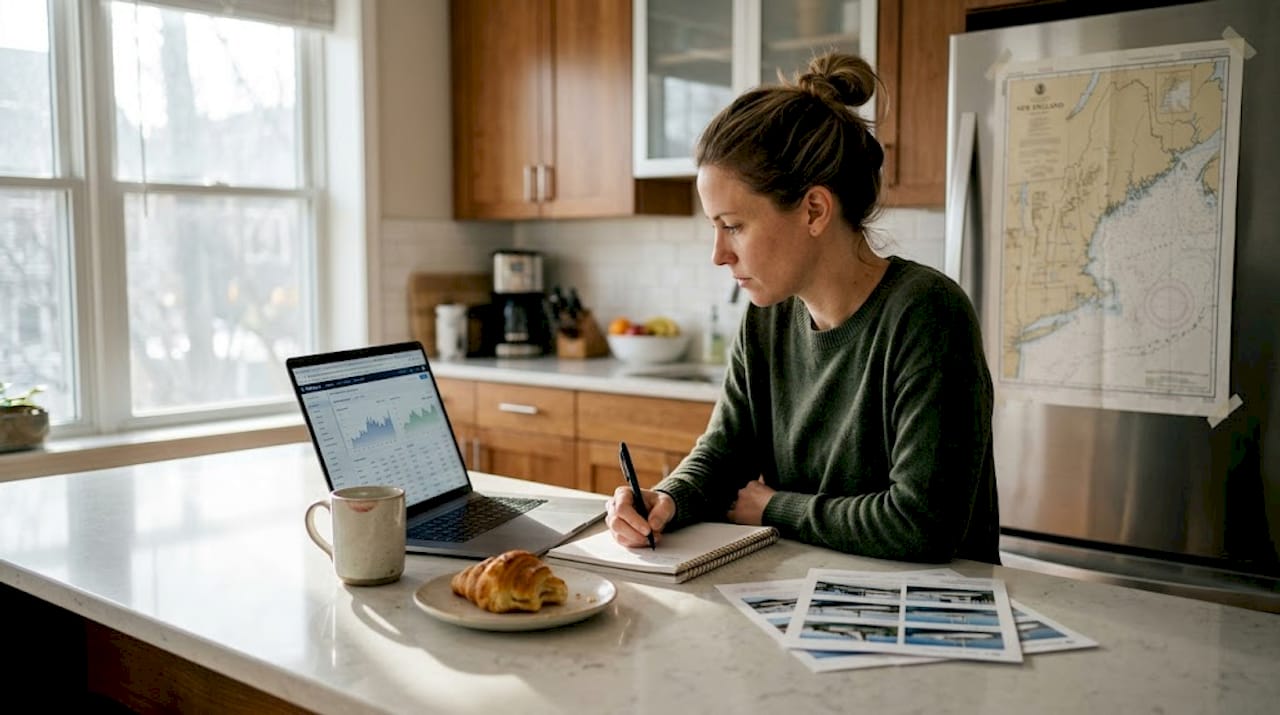 Woman reviewing yacht market data at kitchen