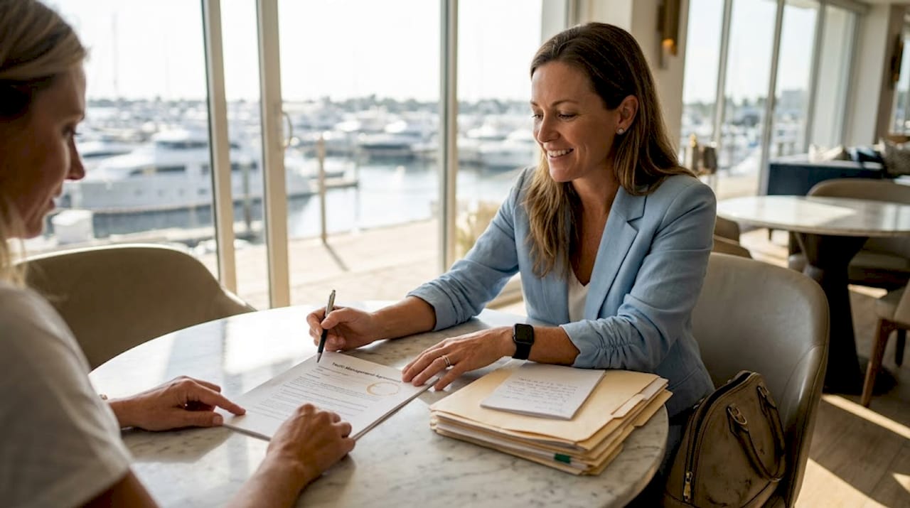 Yacht broker onboarding client in marina lounge
