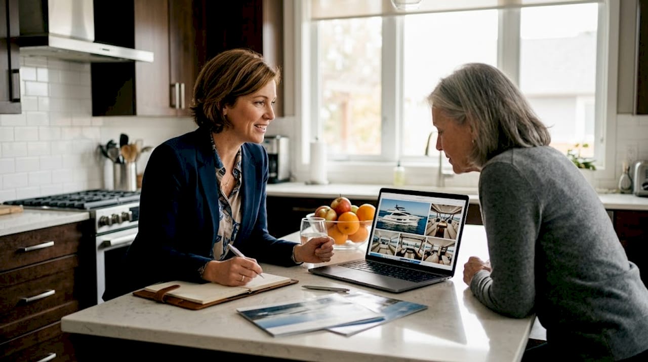 Broker and client review yacht options at kitchen counter
