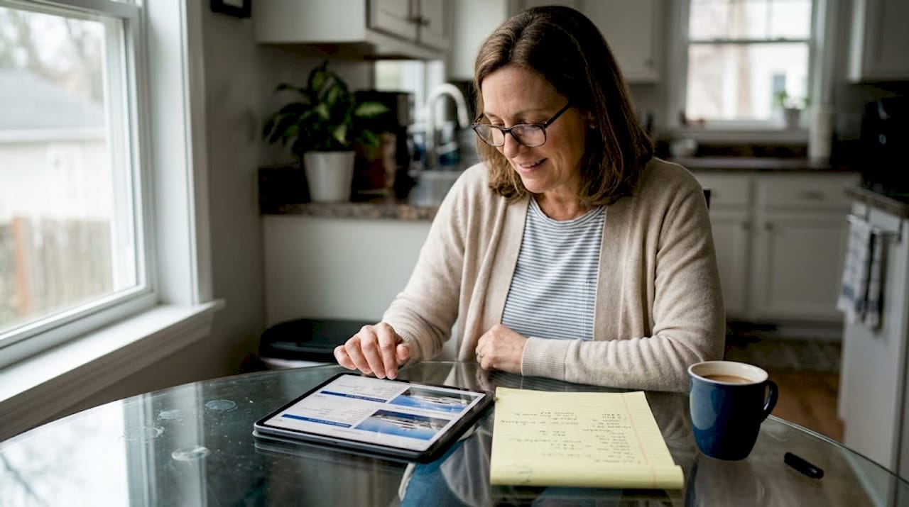 Woman browsing yachts on tablet in kitchen