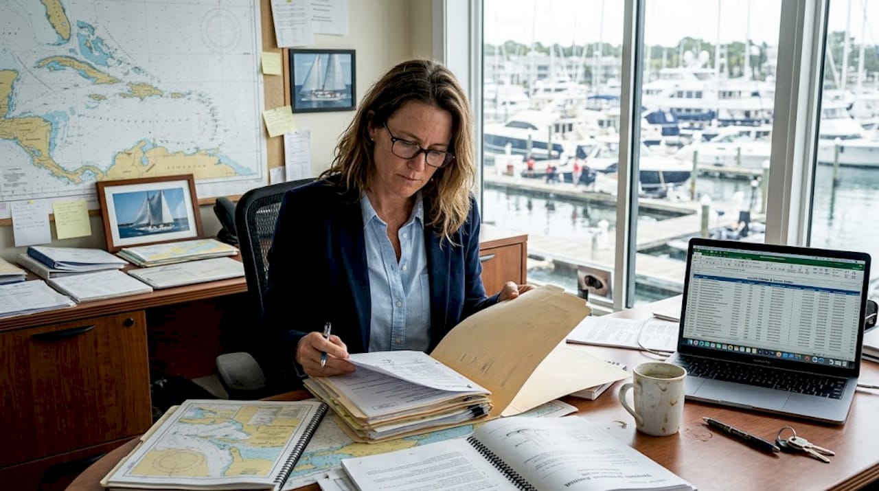 Broker reviewing yacht classification documents