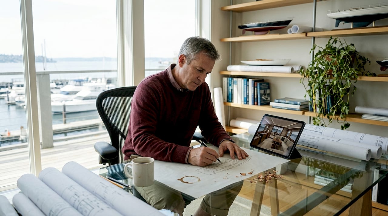 Designer sketching yacht interior layouts