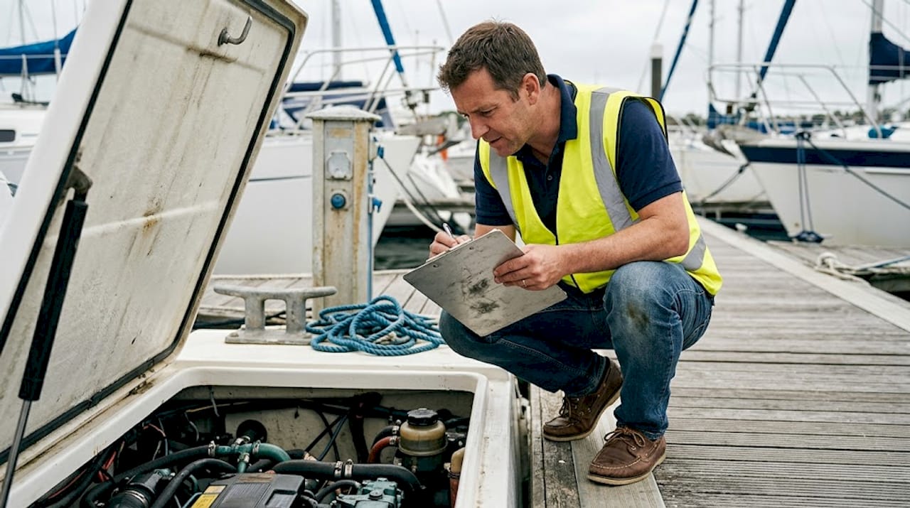 Surveyor inspecting yacht engine for appraisal