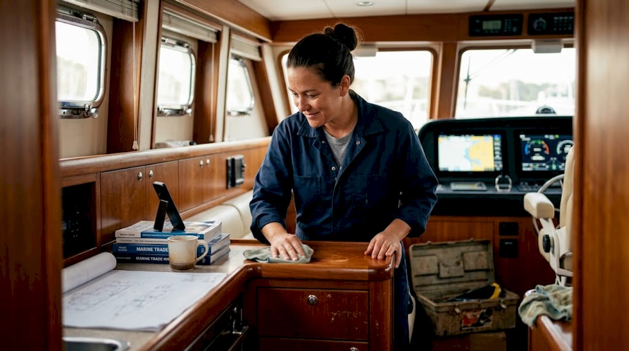 Technician polishes refreshed yacht interior