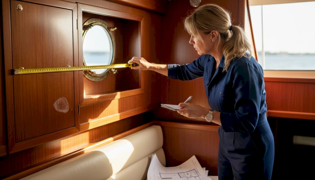 Specialist inspecting yacht interior joinery details