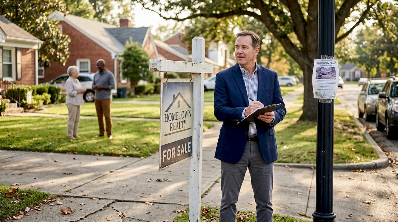 Agent observing neighborhood with real estate sign