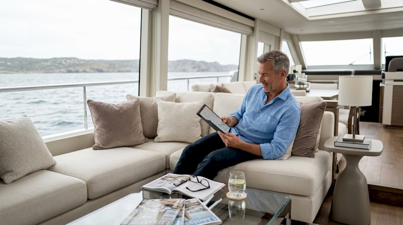 Yacht salon with owner relaxing