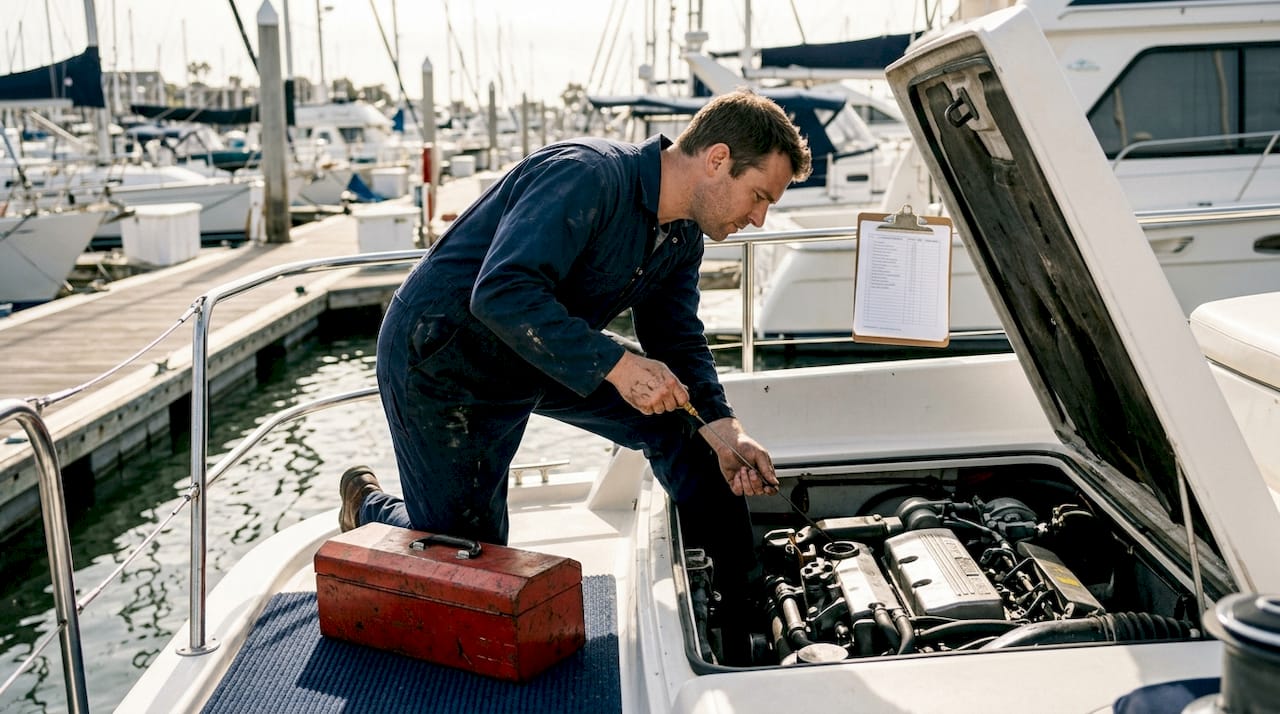 Mechanic inspecting yacht engine dockside