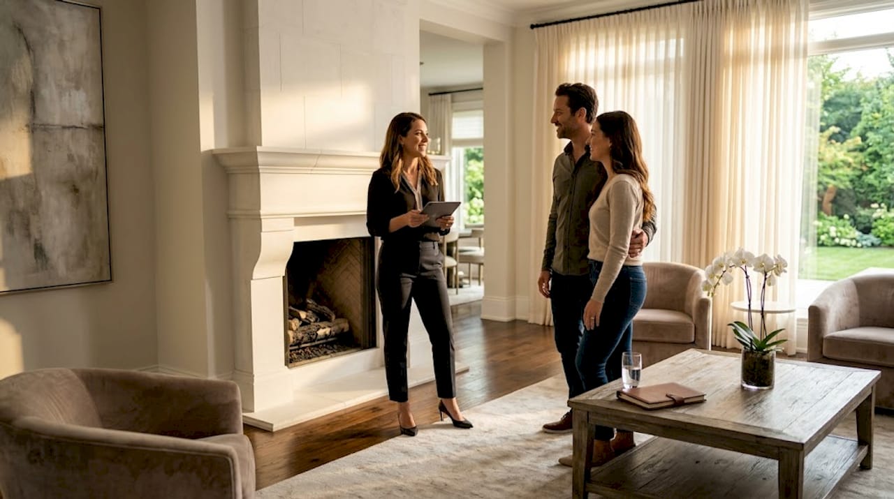 Agent and couple building relationship in living room