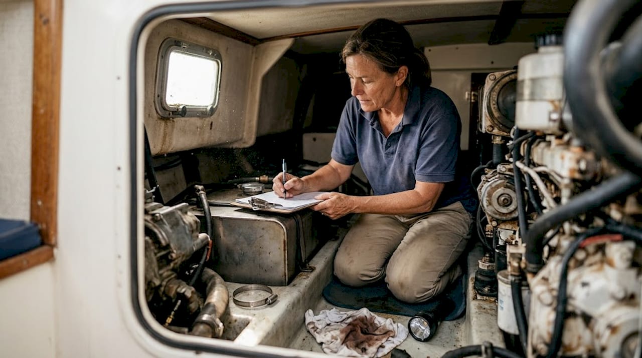 Marine surveyor inspecting yacht engine compartment
