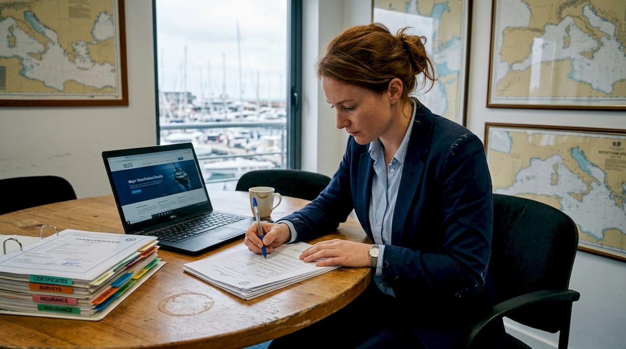 Yacht manager reviewing class certificate paperwork