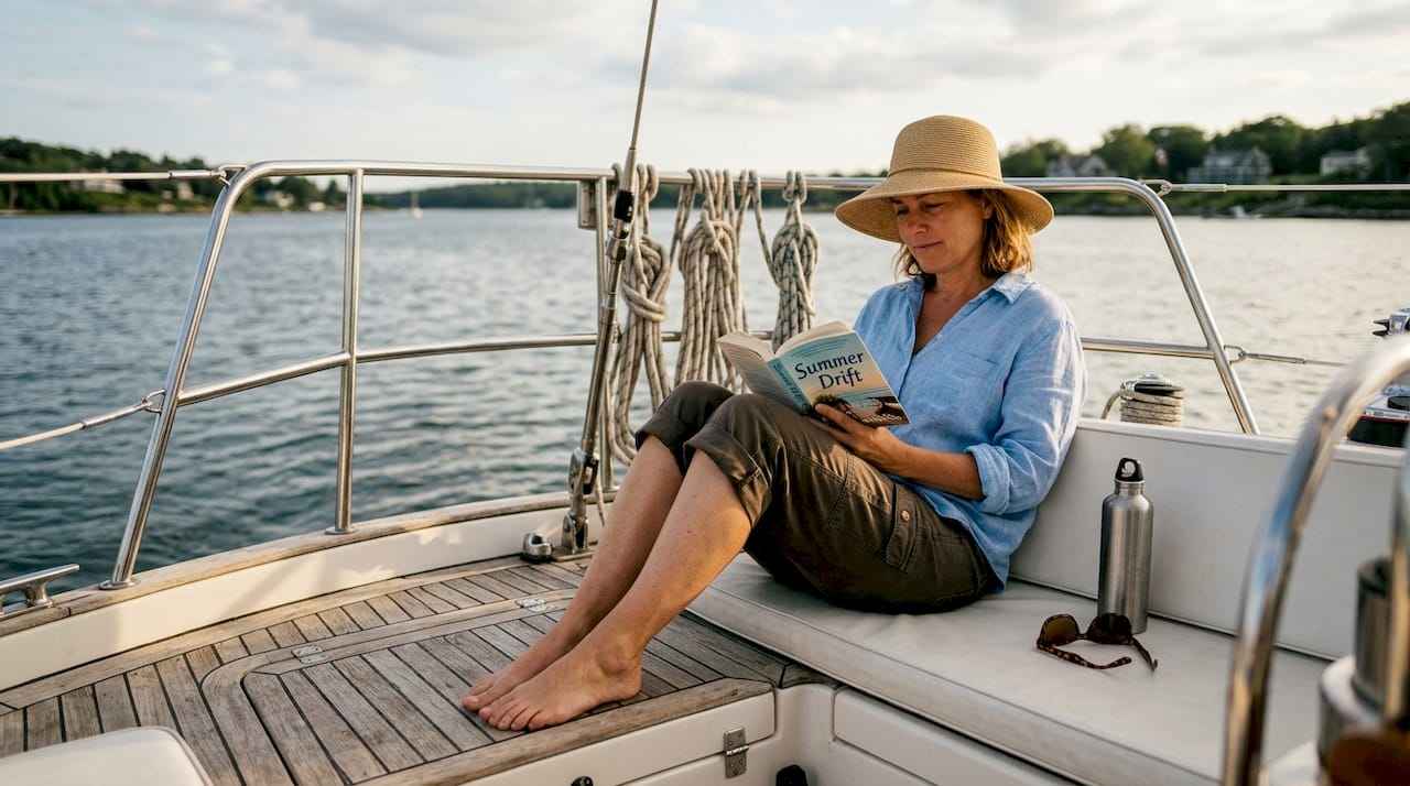Woman relaxing on sailing yacht deck reading