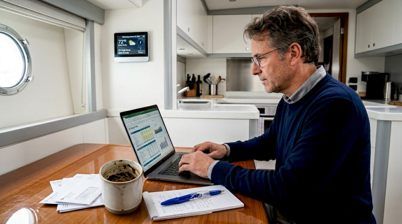 Yacht owner seated reviewing finances onboard